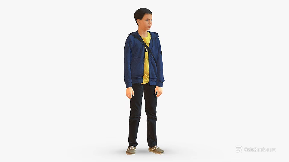 Child Standing In Blue Jacket Yellow T-shirt Black Pants And Gray Shoes 3d model